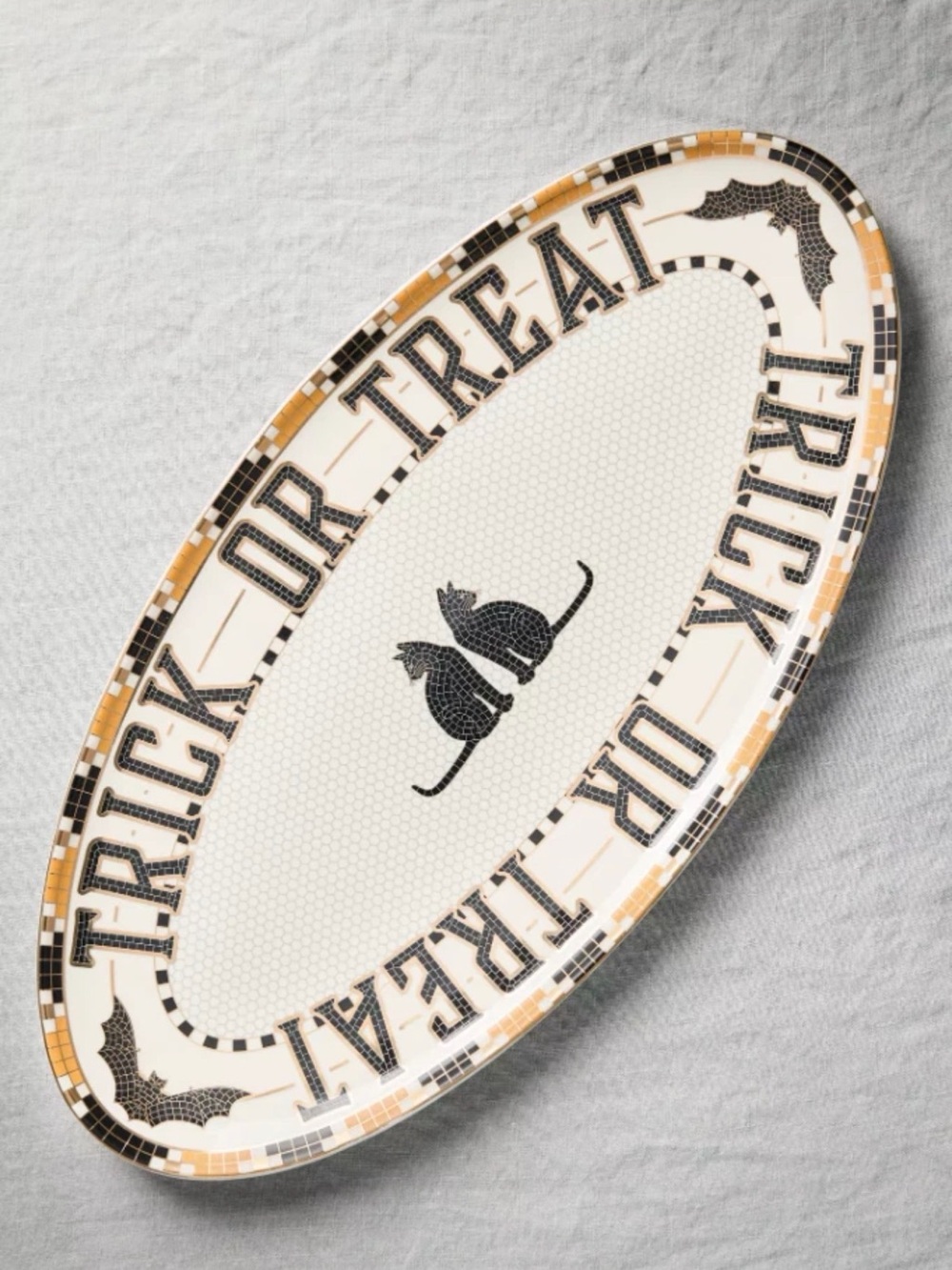 Anthropologie Bistro Tile Halloween Black Cat Trick or Treat Platter 24K Gold